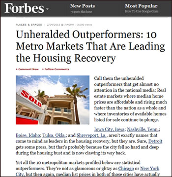 Forbes Article - Metro Markets Leading Housing Recovery
