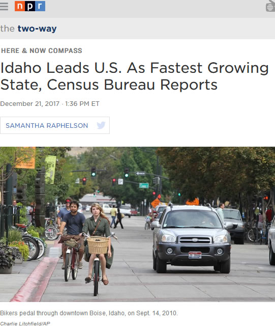 NPR article - Idaho Fastest Growing State